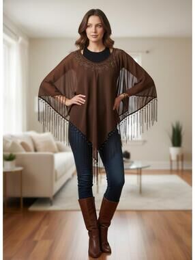Zero Zero Woman brown Sheer Poncho Top with Fringe